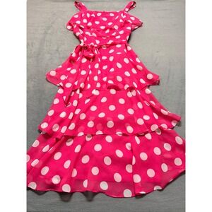 Hot Pink White Polka Dot Tiered Ruffle Dress Size 6 Y2K Retro Whimsical Fairy